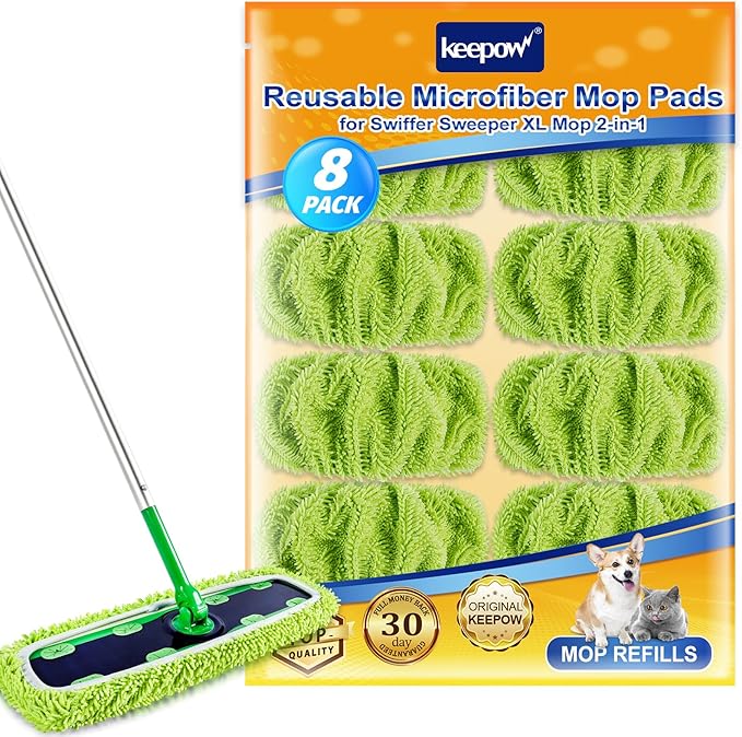 KEEPOW Reusable XL Mop Pads Compatible with Swiffer XL Sweeper, XL Dry Sweeping Cloths, XL Wet Mopping Cloths, Washable Microfiber XL Wet Pads Refills for Surface/Hardwood Floor Cleaning, 8 Pack
