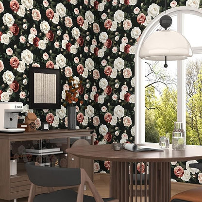Fvlow Black Floral Wallpaper Peel and Stick 17.4" X 118" Pink Rose Contact Paper Dark Small Flower Vintage Garden Removable Covering for Bedroom Cabinet Bathroom Moody Home Decor Black Color