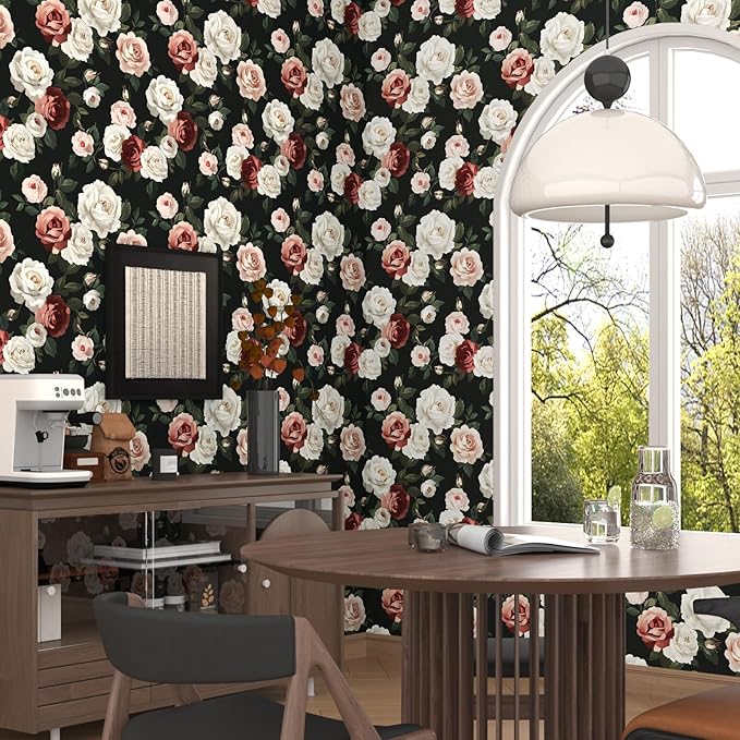 Fvlow Black Floral Wallpaper Peel and Stick 17.4" x 394" Pink Rose Removable Contact Paper Dark Flower Vintage Garden Pattern Covering for Bedroom Cabinet Bathroom Moody Home Decor Black Color