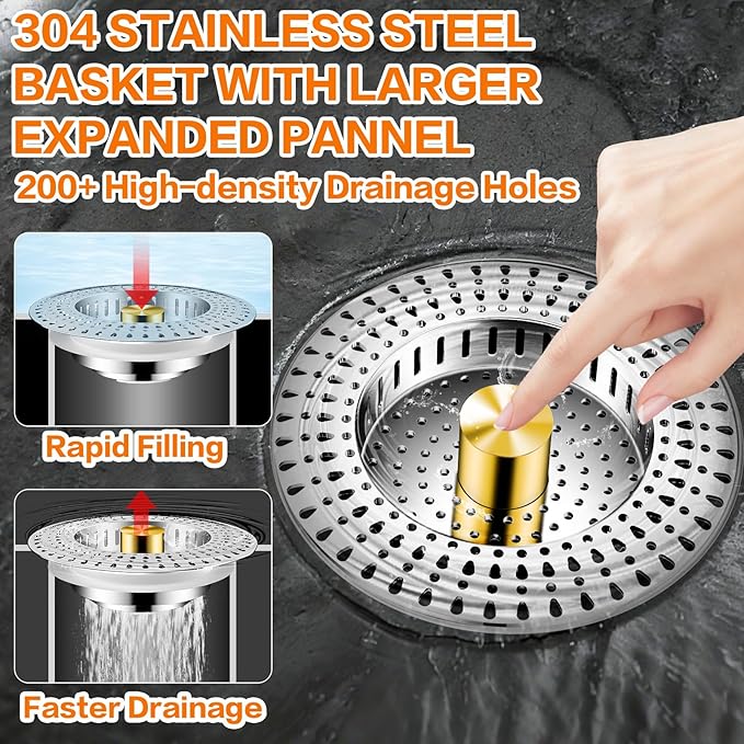 Kitchen Sink Drain Strainer, 18/8 Stainless Steel, Sink Stopper Kitchen Drain