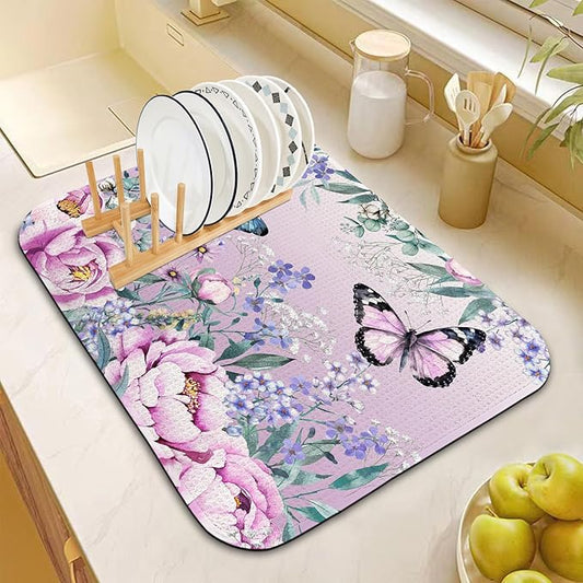 Dish Drying Mat for Kitchen Counter 16x18 Inch, Super Absorbent Dish Drainer Mat, Decorative Microfiber Dishes Drying Pad-Small(Purple Butterfly)