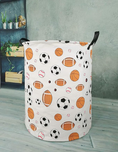KUNRO Round Basketball Football Laundry Gift Basket Storage Hamper, Clothes Storage Organizer Bins, Shelf Basket with Handles for Room Decor (Balls)
