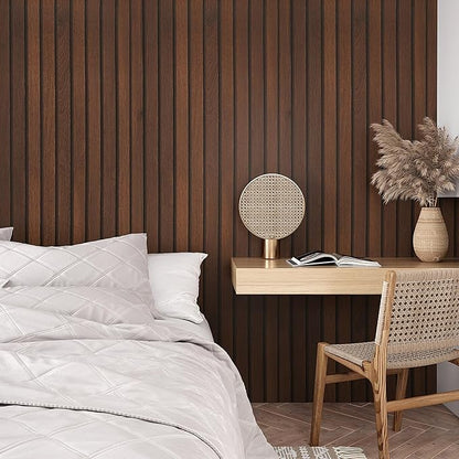 VEELIKE Dark Walnut Wood Slat Wallpaper Peel and Stick Wood Grain Panel Wallpaper for Bedroom Bathroom Accent Walls 24''x354'' Wide Self Adhesive Wooden Slat Vinyl Wall Covering for Kitchen Home Decor
