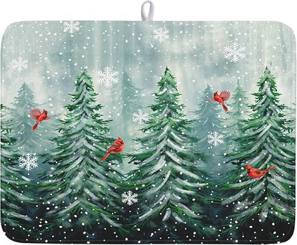 Winter Pines Tree Dish Drying Mats for Kitchen Counter, Christmas Tree Dish Mat Absorbent Reversible Microfiber Dish Drying Pad Winter Kitchen Drying Mat Dish Drainer Rack Mats for Coffee Bar 18"x24"