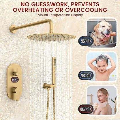 Round Shower Faucet Set with Hydro Power Temperature Display, Shower System Bathroom 10 Inch Shower Head with Handheld Spray, Wall Mounted Shower Fixtures with Shower Valve and Trim Kit, Brushed Gold