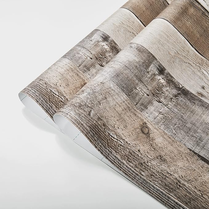 Yun-aeon Natural Wood-Grey Wood Contact Paper Peel and Stick Wallpaper 17.3"x 400"Self Adhesive Removable Vintage Faux Wood Wall Paper Plank Shelf Home Decoration Kitchen Counter Cover Use