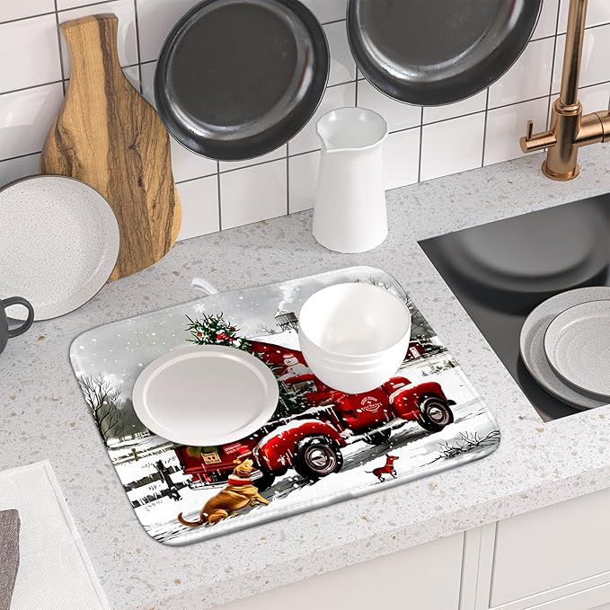 Christmas Red Truck Dish Drying Mat for Kitchen Counter 16x18 Inch Xmas Tree Snowman Dog Winter Print Absorbent Reversible Microfiber Drying Mats Kitchen Countertop Protector Dishes Drainer Rack Pad