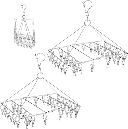 [2 Pack] Folding Clothes Drying Hanger with 72 Clips Totally, Stainless Steel Space Saver Washline Dryer Rack with Peg for Sock, Underwear, Baby Clothes and Delicate Washes