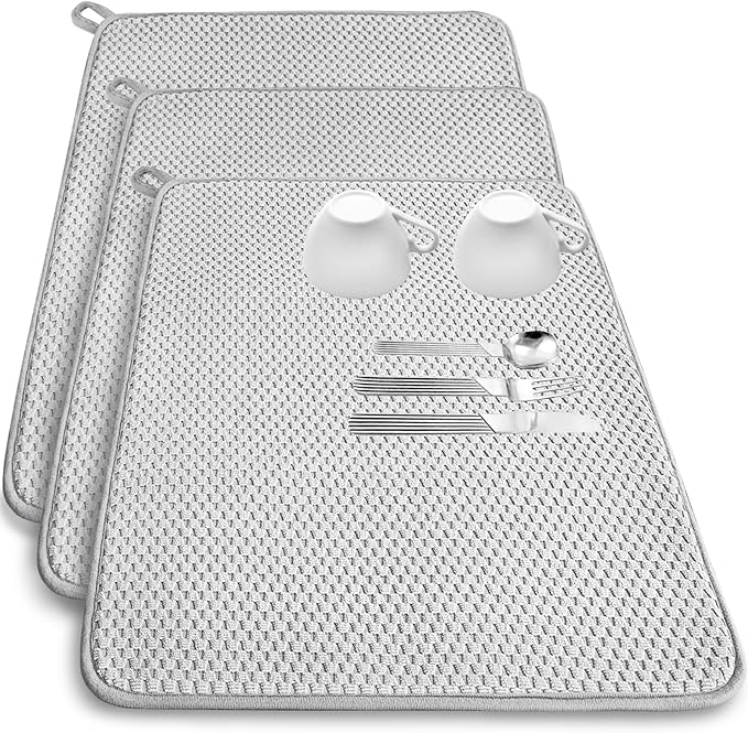 3 Pack Microfiber Dish Drying Mat,24x17"Highly Absorbent Dish Drainer Mat,Large Size Kitchen Counter Quick Dry Pads for Coffee Rack,Under Sink(Gray)