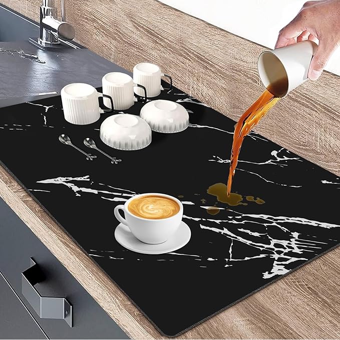 Absorbent Coffee Mat, 24"x16" Dish Drying Mat Coffee Mat Bar Accessories, Hide Stain Rubber Backed Absorbent Dish Drying Mat for Kitchen Counter Fits Under Coffee Maker or Machine (Black)