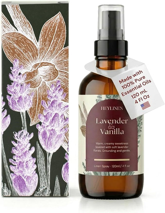 Lavender & Vanilla Linen Spray | Relaxing Aromatherapy Made with Pure Essential Oils | Fabric Freshener for Yoga Mats Living Room Couch Beddings | 4 fl oz