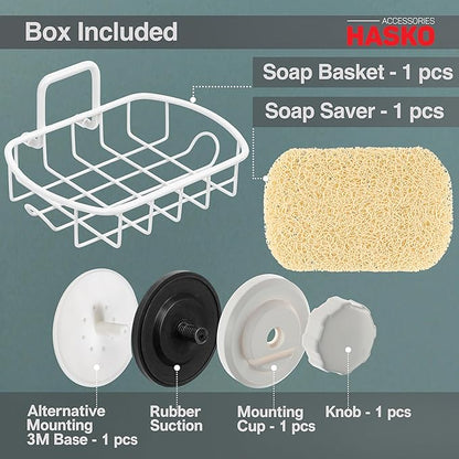 HASKO Suction Cup Soap Dish for Shower Wall, Rustproof Stainless Steel, Shower Soap Holder with Hooks for Bathroom, Includes Optional No Drill Adhesive Mount and Soap Saver, White