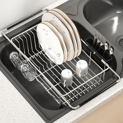 Over the Sink Expandable Dish Drainer Drying Rack In Stainless Steel for Small Kitchen, Counter Space Saving Modern Compact Metal Above Plate Dryer Strainer, Adjustable Hanging Inside Drain Holder