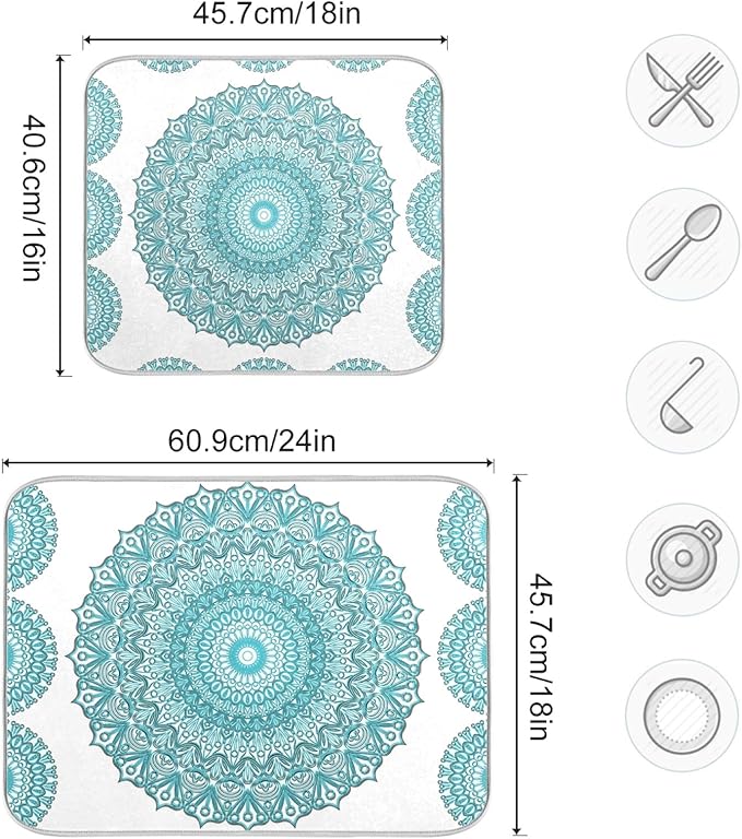 Super Absorbent Dish Drying Mat, Microfiber Fast-Drying Dish Mat, 16" x 18", Kitchen Dish Drying Pad, Boho Ethnic Turquoise Mandala