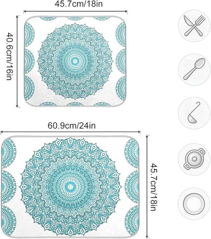 Super Absorbent Dish Drying Mat, Microfiber Fast-Drying Dish Mat, 16" x 18", Kitchen Dish Drying Pad, Boho Ethnic Turquoise Mandala