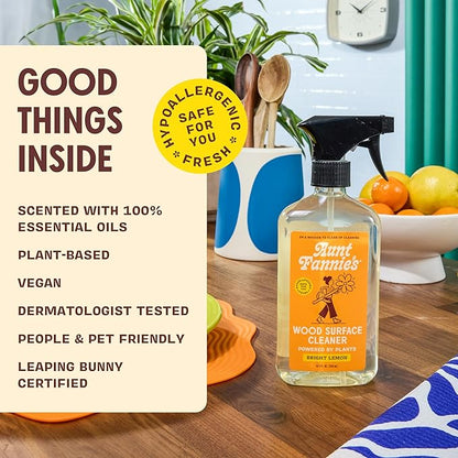 Aunt Fannie's All Purpose Wood Spray Cleaner, No-Wax Formula, Perfect for Wood Tables, Walls, Counters & Shelves, 16.9 Ounces, Lemon Scent (Pack of 6)