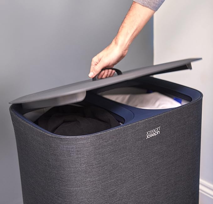 Joseph Joseph Tota 90 liter/23.8 gallon Laundry Hamper Separation Basket with lid, 2 Removable Washing Bags with Handles - Dark Blue