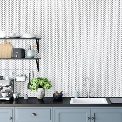 Erfoni Black and White Peel and Stick Wallpaper Modern Herringbone Contact Paper Bathroom 17.7inch x 590.5inch Geometric Removable Wall Paper Peel and Stick Backsplash Self Adhesive Contact Paper