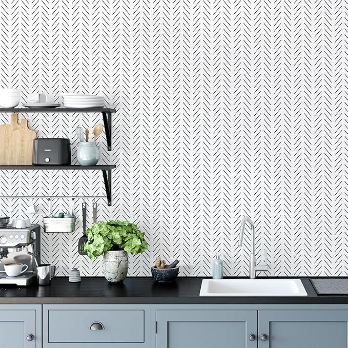 Erfoni Black and White Peel and Stick Wallpaper Modern Herringbone Contact Paper Bathroom 17.7inch x 118.1inch Geometric Removable Wallpaper Peel and Stick Self Adhesive Contact Paper for Accent Wall