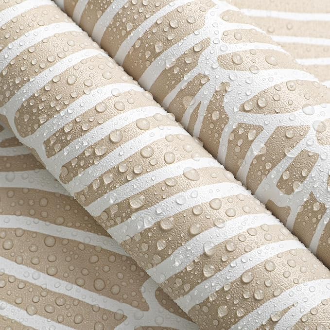 Guvana Beige Peel and Stick Wallpaper Boho Beige and White Contact Paper Modern Striped Self Adhesive Waterproof Wall Paper for Bathroom Bedroom Decor Removable Temporary Rv Wallpaper Roll 17.3"×118"