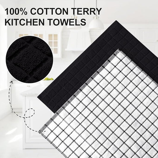 Homaxy Premium Cotton Kitchen Towels 16"x 28", Large Natural Ring Spun 390 GSM Dish Towels, Super Absorbent Terry Kitchen Hand Towels, Soft Tea Towels with Hanging Loop, Black Check Design, 6 Pack