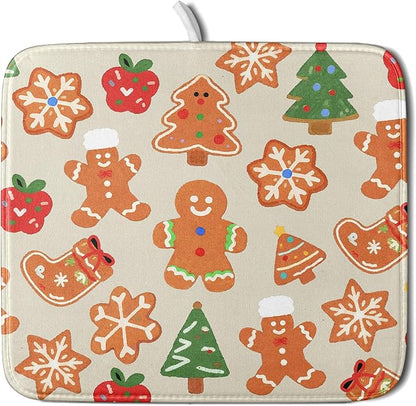 Christmas Dish Drying Mat for Kitchen Counter 16x18 Cute Gingerbread Themed Winter Xmas Holiday Absorbent Reversible Microfiber Drying Mats Kitchen Countertop Protector Dishes Drainer Rack Pad