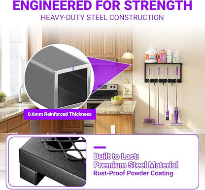 Heavy Duty Broom Holder Wall Mount with Cleaning Supplies Organizer, Space-Saving Laundry Room Organization and Storage Shelves, All-Metal Mop Hanger Broom Rack with Hooks, Garage Organizer Shelf