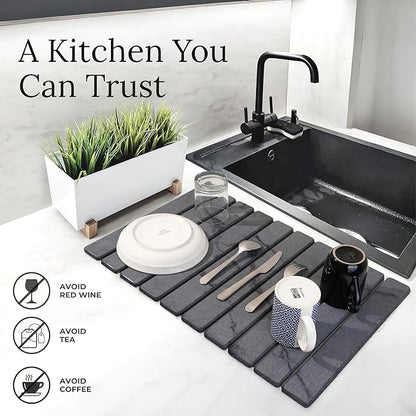 Large Stone Dish Drying Mat for Kitchen Counter 23.5”x 15.25” – Elegant Marbled-Inspired Surface Quick-Dry Absorbent Diatomaceous Earth - Multi-Use & Kitchen Mat for Dishes & Bottle Cups (Dark Gray)