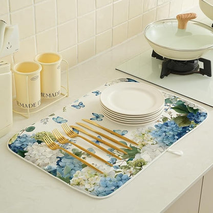 Spring Dish Drying Mat 18x24 Inches For Kitchen Counter Absorbent Watercolor Blue Hydrangea Butterfly Kitchen Decoration Summer Floral Drying Mat Pad For Home Kitchen,Dining Room,Office Decor
