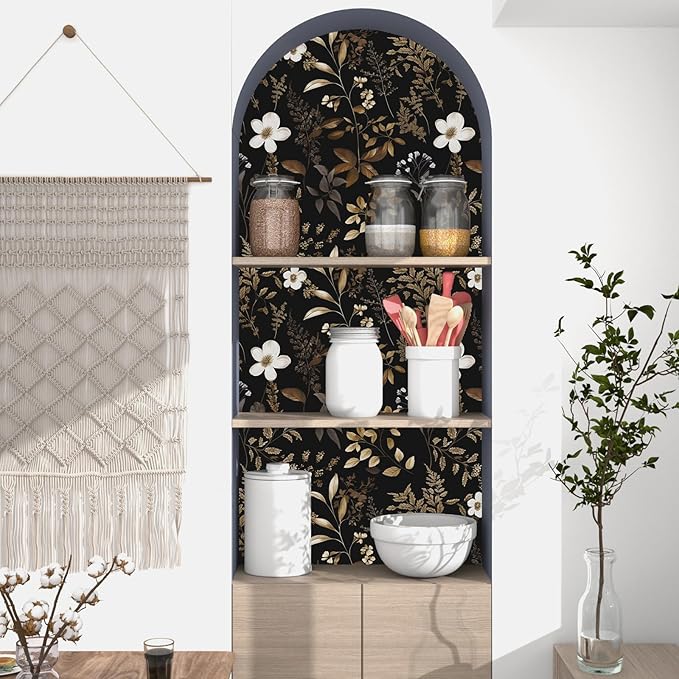 Laatse Black Floral Wallpaper Peel and Stick Boho Wallpapers 17.5" x 118" Gold Leaf Contact Paper for Cabinets Waterproof Self Adhesive Removable Wall Paper for Kitchen Table Countertop Walls