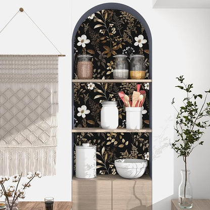 Laatse Black Floral Wallpaper Peel and Stick Boho Wallpapers 17.5" x 118" Gold Leaf Contact Paper for Cabinets Waterproof Self Adhesive Removable Wall Paper for Kitchen Table Countertop Walls