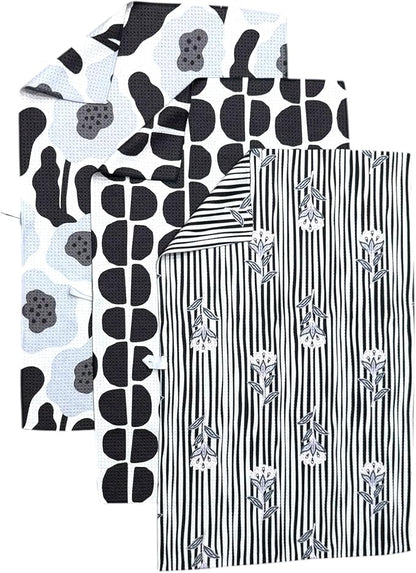 || 3 Pack|| Double Sided Dish Towels || Waffle Weave Microfiber || Tea Towels || Highly Absorbent || Hanging Loop || Dish Cloths || Modern || Designer Prints (Black/Gray)