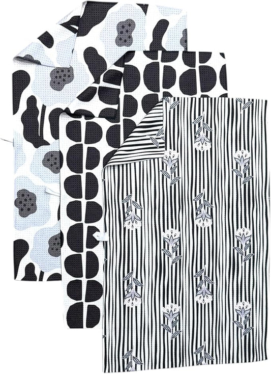 || 3 Pack|| Double Sided Dish Towels || Waffle Weave Microfiber || Tea Towels || Highly Absorbent || Hanging Loop || Dish Cloths || Modern || Designer Prints (Black/Gray)