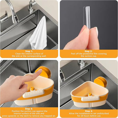 Kitchen Sink Strainer Basket, Suction Cup Press-to-attach Sink Filters, Upgraded Automatic Tipping Sink Filter Basket, Faucet Sponge Storage Shelf, Corner Sink Strainers (Yellow)