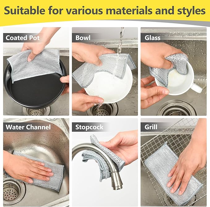 Double-Layer Wire Dishwashing Rag, Non Scratch Wire Dishcloth, Multipurpose Wire Cleaning Cloths for Dry and Wet Cleaning, Metal Dishcloth for Cookware/Sinks/Stove Tops (7.87 x 7.87inch - 10Pcs)
