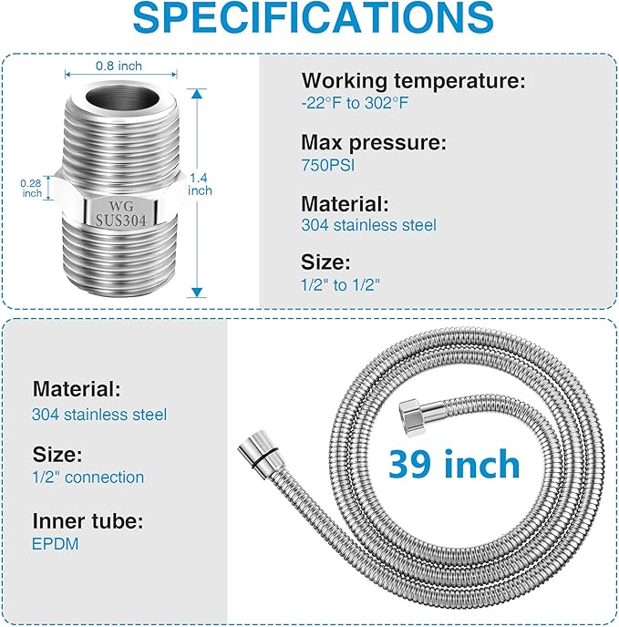 Dreyoo 1 Pack 39 Inch Shower Hose with Shower Extension Connector, Extra Long Handheld Head Hose with Brass Insert and Nut, 1/2 to 1/2 Extender, Stainless Steel