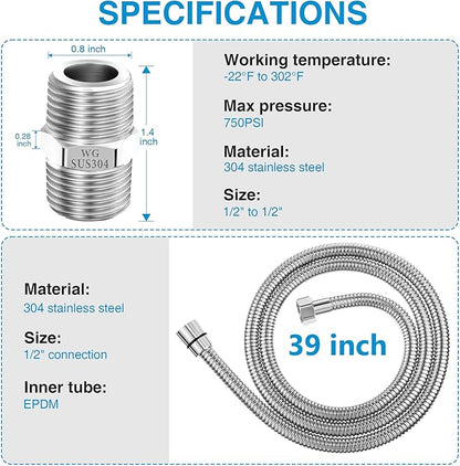 Dreyoo 1 Pack 39 Inch Shower Hose with Shower Extension Connector, Extra Long Handheld Head Hose with Brass Insert and Nut, 1/2 to 1/2 Extender, Stainless Steel