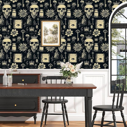 Skull Wallpaper Peel and Stick, Black Beige Witcher Gothic Contact Paper, Vintage Fancy Wall Paper Self Adhesive Removable Waterproof for Bathroom Bedroom Shelf Cabinet Drawer Table 17.5" x 118"
