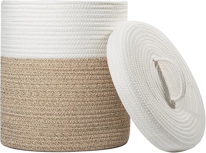Yimi's Dream Lidded Storage Basket, Medium Cotton Rope Basket with Lid, Small Round Storage Basket for Nursery, Living Room, Kids, Blanket, Toys (12''D * 13.5''H, Brown & White)