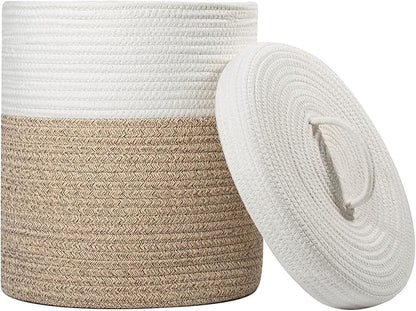 Yimi's Dream Lidded Storage Basket, Medium Cotton Rope Basket with Lid, Small Round Storage Basket for Nursery, Living Room, Kids, Blanket, Toys (12''D * 13.5''H, Brown & White)