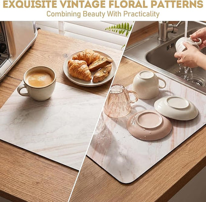 LemonRoad Dish Drying Mat for Kitchen Counter, 12"x20" Absorbent Coffee Bar Mat with Marble Texture Design, Fast-dry Diatomite Drainer Drying Mats with Non-slip Backing for Kitchen Sink Countertop