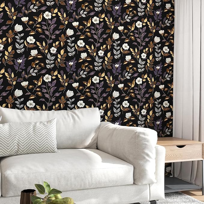 Fvlow Dark Floral Wallpaper Peel and Stick Vintage Gold Leaf Contact Paper Black Floral Wallpaper Waterproof Self-Adhesive Wall Covering for Bedroom Countertop Desk Cabinets 17.4" x 393"