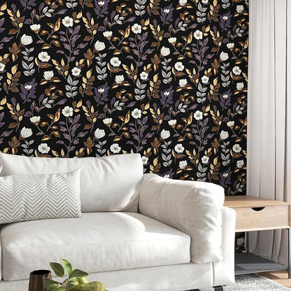 Fvlow Dark Floral Wallpaper Peel and Stick Vintage Gold Leaf Contact Paper Black Floral Wallpaper Waterproof Self-Adhesive Wall Covering for Bedroom Countertop Desk Cabinets 17.4" x 393"