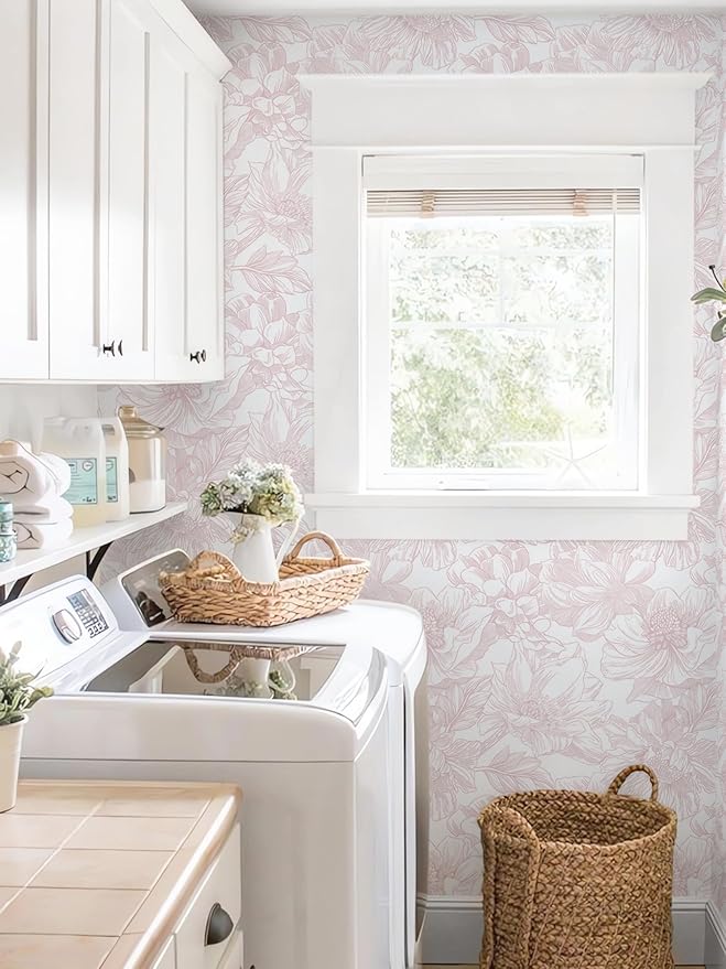 Ismoon Large Floral Peel and Stick Wallpaper Boho White/Pink Contact Paper 17.3inx6.5ft Removable Self Adhesive Bedroom Cabinet Mural Wall Decor Vinyl Roll