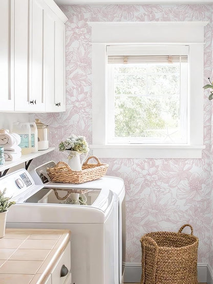 Ismoon Large Floral Peel and Stick Wallpaper Boho White/Pink Contact Paper 17.3inx6.5ft Removable Self Adhesive Bedroom Cabinet Mural Wall Decor Vinyl Roll