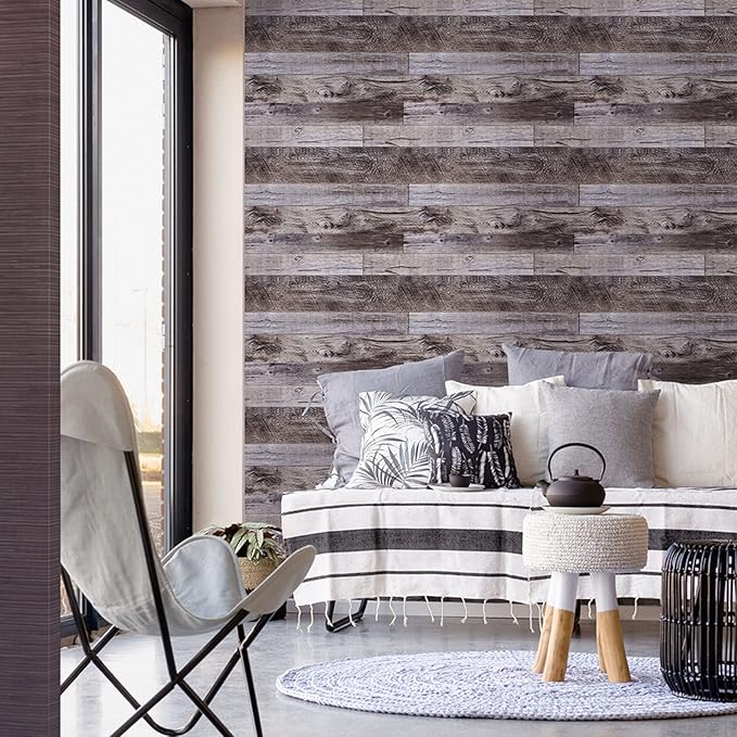 Yun-aeon Gray Wood Peel and Stick Wallpaper 17.3" X 400" Self Adhesive Wallpaper Backsplash Line Removable Wall Paper Bathroom Old Furniture Renovation Furniture