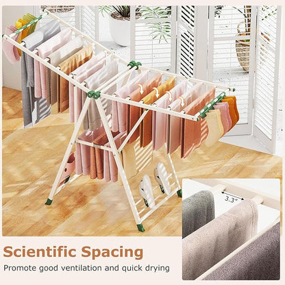 Giantex Clothes Drying Rack, Foldable Metal Laundry Drying Rack with Height Adjustable Wings, 16 Drying Rails, Sock Clips & Shoe Racks, Freestanding Clothing Stand for Indoor & Outdoor, Beige