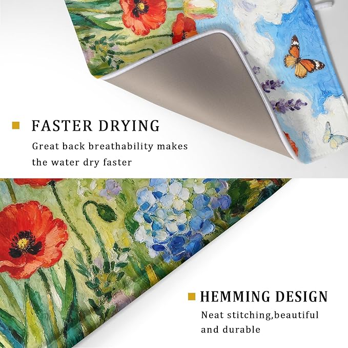 Spring Floral Dish Drying Mat for Kitchen Counter 18x24 Green Purple Blue Flower Butterfly Summer Absorbent Reversible Microfiber Seasonal Drying Mats Kitchen Countertop Protector Dishes Drainer Pad