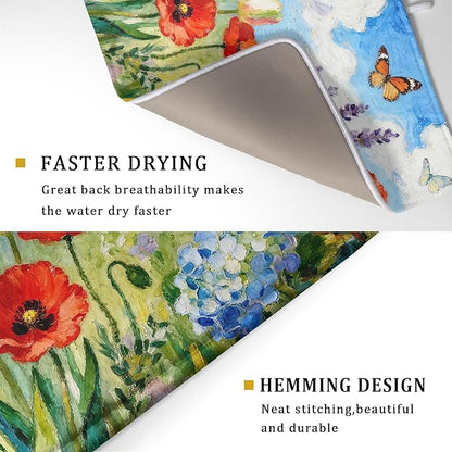 Spring Floral Dish Drying Mat for Kitchen Counter 18x24 Green Purple Blue Flower Butterfly Summer Absorbent Reversible Microfiber Seasonal Drying Mats Kitchen Countertop Protector Dishes Drainer Pad