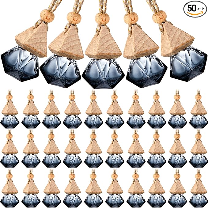 BBTO 50 Pcs Hanging Car Air Freshener Black Car Diffuser Bottles Empty Glass Perfume Bottle Freshener Diffuser Bottles Pendant for Essential Oil Fragrance Aromatherapy Ornament(Rhomb)